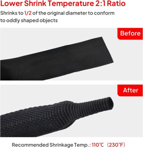 Black 2:1 Ratio Automotive Heat Shrink Braided Sleeving Tube Protect Cable/Wires - Picture 6 of 12