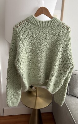 New Mango Green Alpaca Open Work Knit Chunky Fuzzy Oversized Winter Sweater XXL