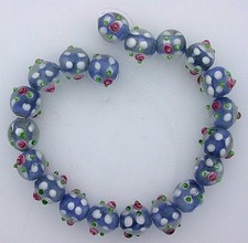 TWENTY 11mm Round Blue White Green Pink Flower Bead Glass Lampwork Strand gb84