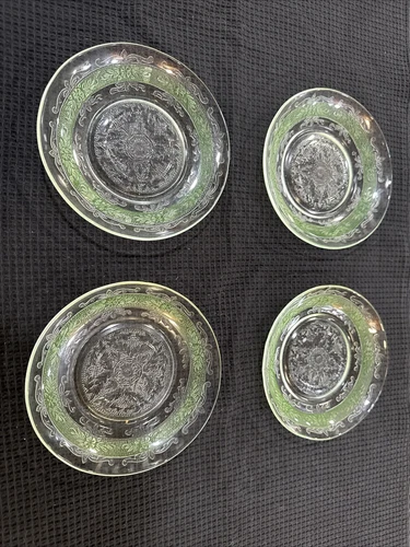 Set Of 4 MacBeth-Evans S Pattern Stippled Rose Clear Green Band Saucers 5.75"