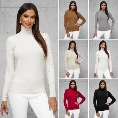 Pullover Sweater Sweatshirt Pulli Strickpullover Rollkragen Basic Damen OZONEE