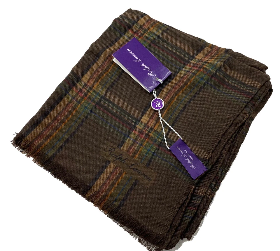 Bufanda Ralph Lauren Etiqueta Púrpura Cuadros Marrón Cachemira Hecha en Italia Foto 2 de 4