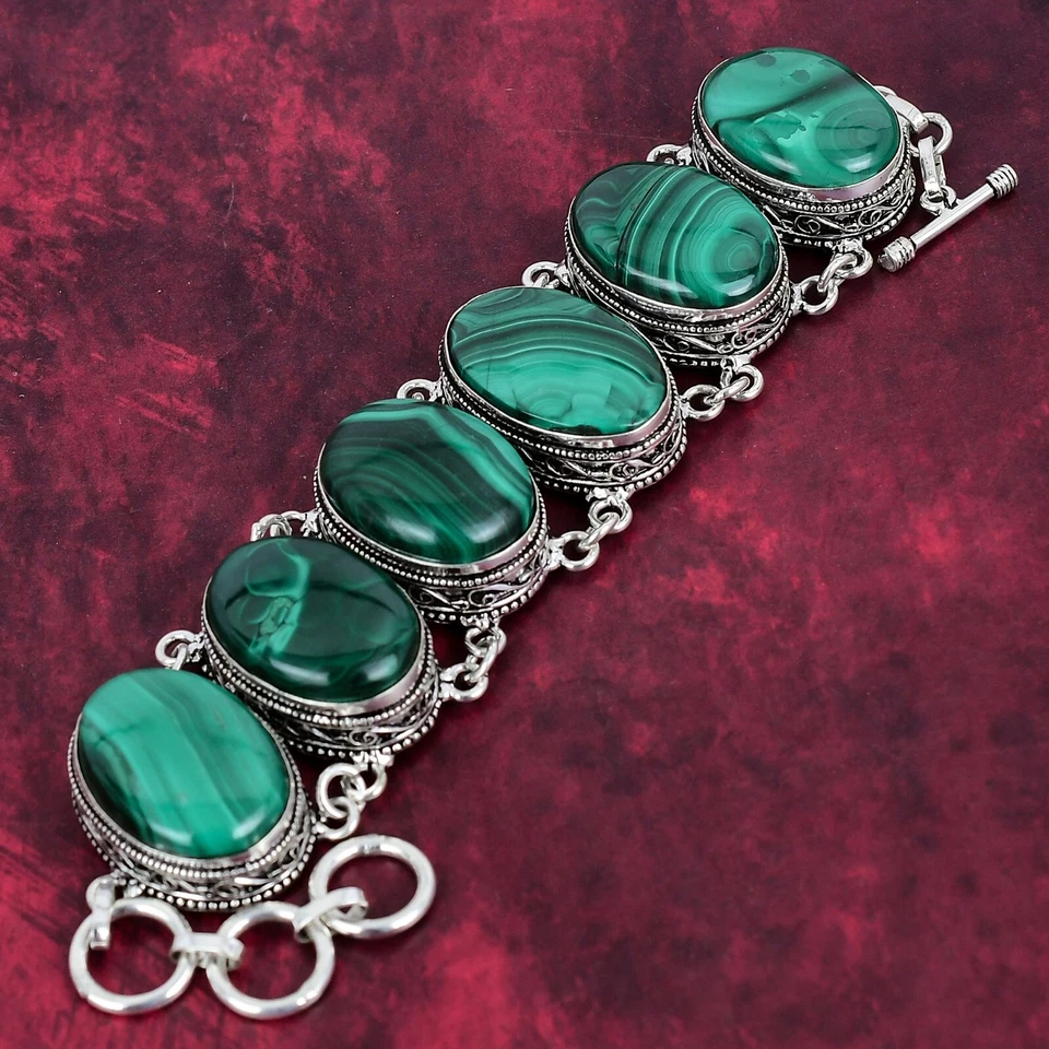 Браслет ювелирный повседневный ручной работы из чистого серебра 925 пробы с малахитом и драгоценными камнями в подарок - Изображение 3 из 4