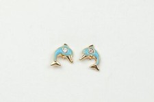 14k Yellow Gold Enamel and CZ Fish Baby earrings, Screw Back