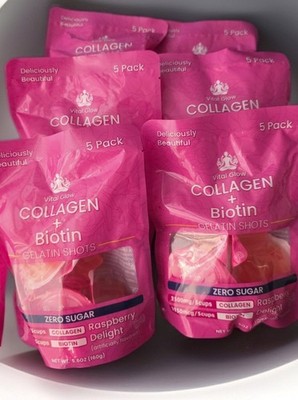 Lot Of 6 Vital Glow Collagen + Biotin Gelatin Shots 5 Pack Raspberry Zero Sugar