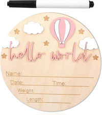 Wooden Baby Announcement Sign, Hello World Newborn Sign Welcome Baby Name Plaque