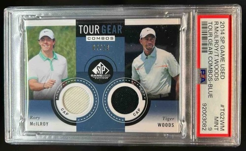 2014 SP Authentic Rory McIlroy Tiger Woods Blue Tour Gear Cap Relic #7/12 PSA 9
