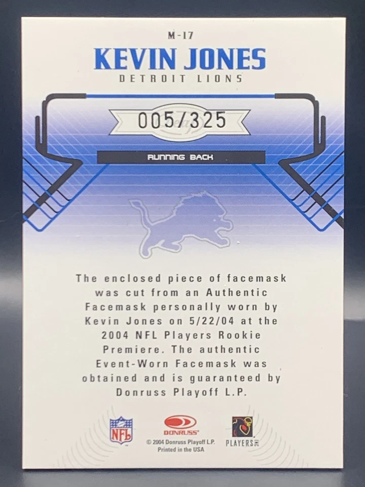 2004 Leaf Rookies & Stars Kevin Jones Rookie Masks Mem /325 - Detroit Lions - Image 2 of 2