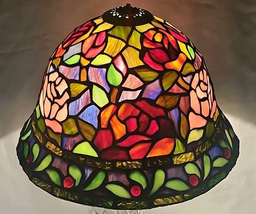 RARE! Vtg Stained Glass Tiffany Style Flowers Roses Beaded 12" Lamp Shade Only - Picture 2 of 15
