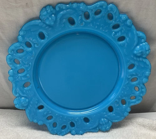 Vintage Cherubs Embossed Blue Opaline Milk Glass Plate 9" Pierced Rim