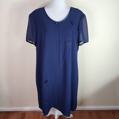 navy blue dress size 18 Liz Baker Women's Navy Blue Short Sleeve Shift Dress Size 18 Embroidered  Layered