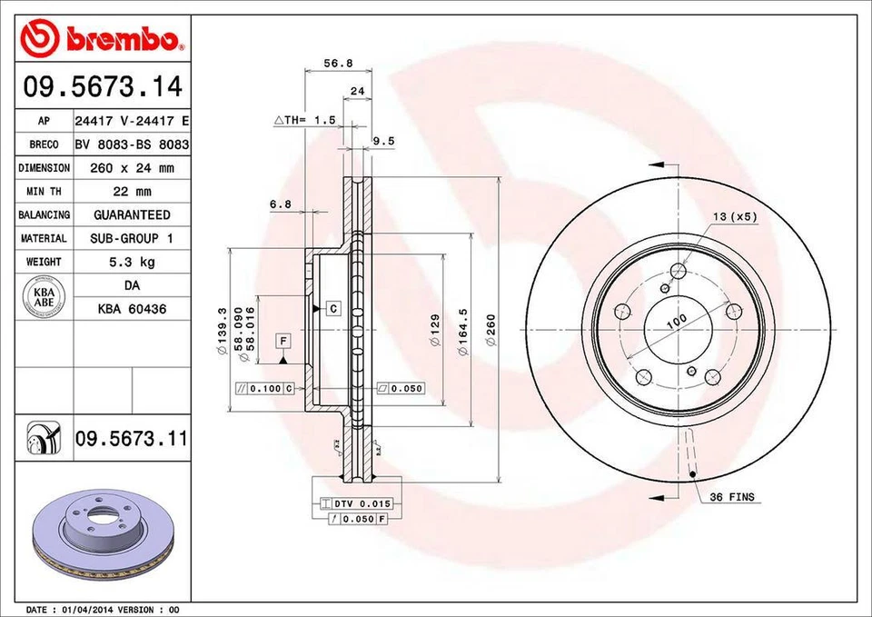 Rotor de freno de disco delantero Brembo 09.5673.11 260 mm para Subaru Impreza 1993-2001 Foto 3 de 4