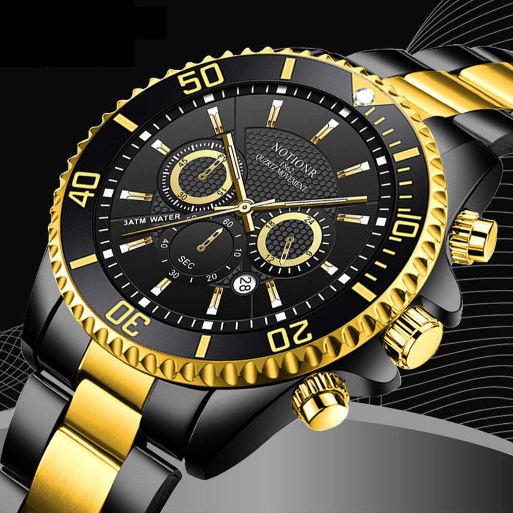 Men's Waterproof Stainless Steel Luminous Watch with Gold and Green Accents