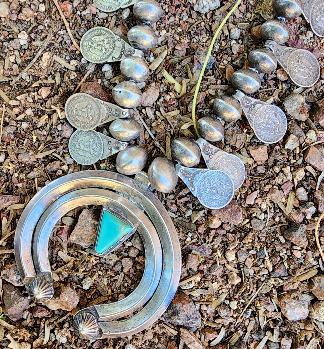 Navajo Circa 1920's Squash Blossom Silver Turquoise Mexican Ten