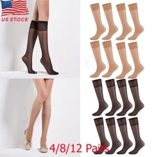 4/8/12Pairs Women Knee High Nylon Hose Sock Skin/Black Stretchy Sheers Stockings