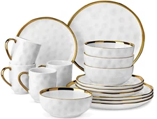 Handmade Stoneware Dish Set White with Gold Trim Dinnerware Set, 16 Pcs.