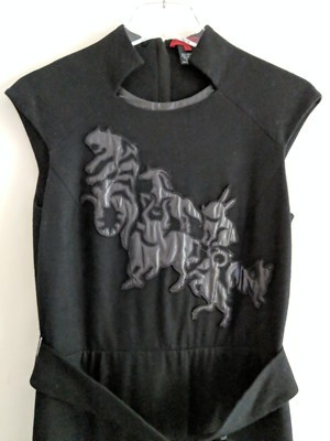 Vivienne Tam Chinese Zodiac Black Wool Dress Sz 0 belted sheath