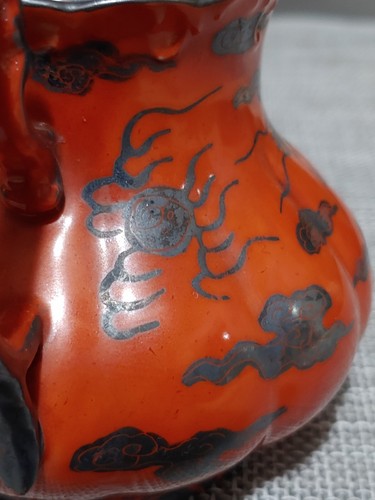 Antique Japanese Red Coral Glazed Porcelain Silver Dragon Clouds Tea Sugar Jar - Picture 16 of 24