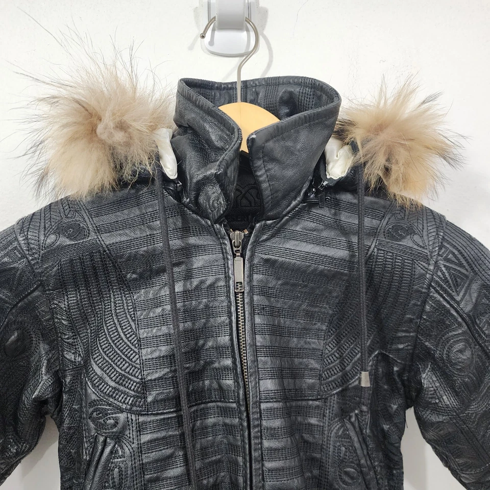 Пустыня хорошо кожаная куртка черный вышивка меха с капюшоном выстеганная атласная подкладка S - Изображение 3 из 4