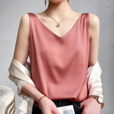 Women Silk Satin Camisole Top Sleeveless V-Neck Casual Blouse Plain Tank T-shirt
