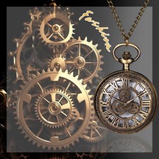 Antique Bronze Tone Relief Gear Quartz Pocket Watch Necklace Sweater Chain Gift
