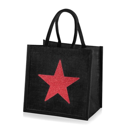 Mittelgroße Einkaufstaschen / Shopper aus Jute hessisch schwarz - glitzerndes Glitzer Sternmotiv
