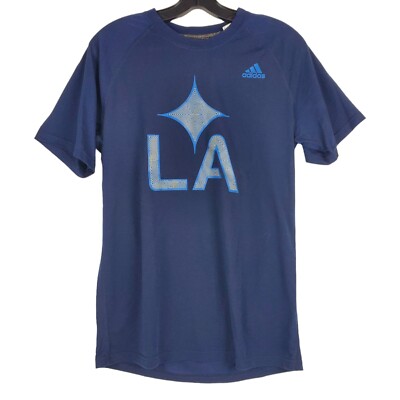 LOS ANGELES GALAXY Shirt Adult Small Blue ADIDAS MLS Soccer BIG Logo Spell  Out