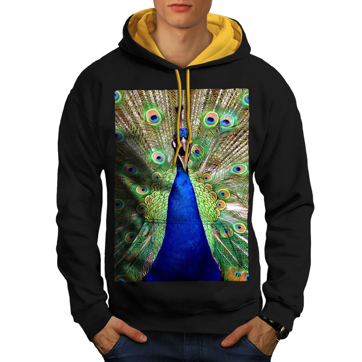 Wellcoda Lovely Peacock Tail Mens Contrast Hoodie, Big Bird Casual Jumper |  eBay