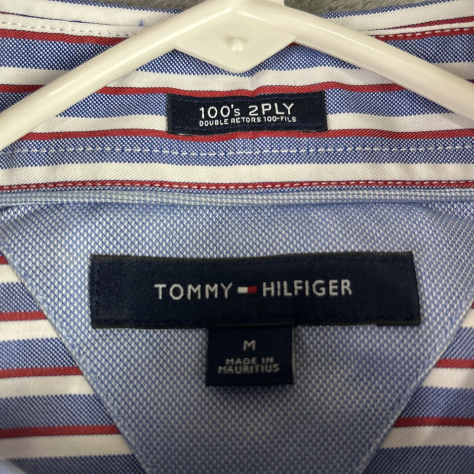 Camisa Tommy Hilfiger Para Hombres M Abotonada Roja Azul Blanca Rayas Años 100 2 Capas Algodón Foto 4 de 4