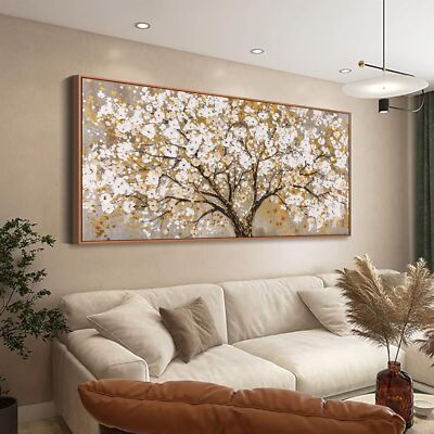 Framed Wall Art Gold Tree Of Life Modern Artwork Canvas Painting Textured Tre...