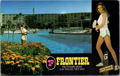 Vintage LAS VEGAS Nevada Postcard FRONTIER HOTEL Pool View / Tennis Girl - 1983