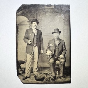 Rare Tintype Gentlemen Smoking Cigars with Dog Laying Down - Original Tintype