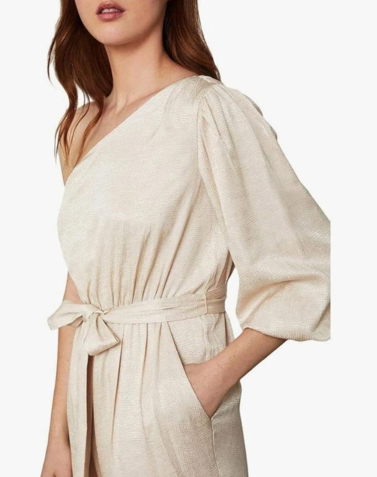 NUEVO BCBGMaxazria Mujer Mono Mediano Beige Metálico Un Hombro Manga Abullonada Foto 3 de 4