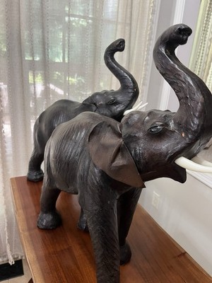 VTG Large LEATHER Wrapped ELEPHANTS Dark Brown 21  tall Trunk Up Statue Safari