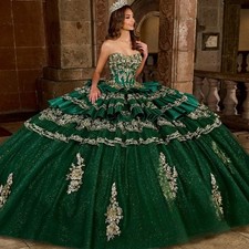 Quinceanera Evening Dresses Customized Emerald Green Ball Gown Glitter Tulle