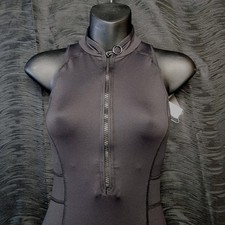 Danz N Motion Sloan Sleeveless Zip-Up Scuba Leotard Black Criss-cross Back SZ MA