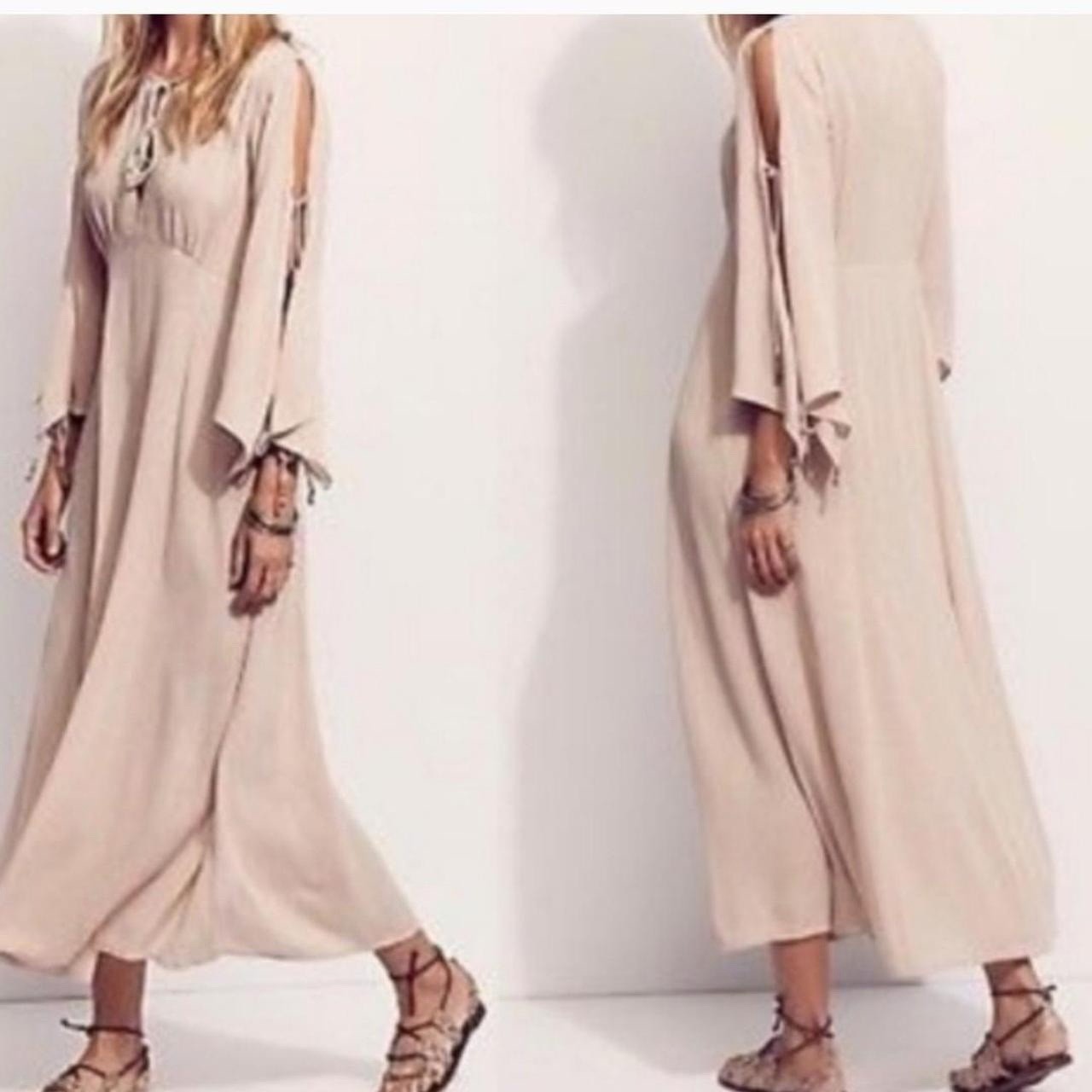 Free People Blush Pink Boho Maxi Dress Size L Cold Shoulder Bell Sleeve Flowy