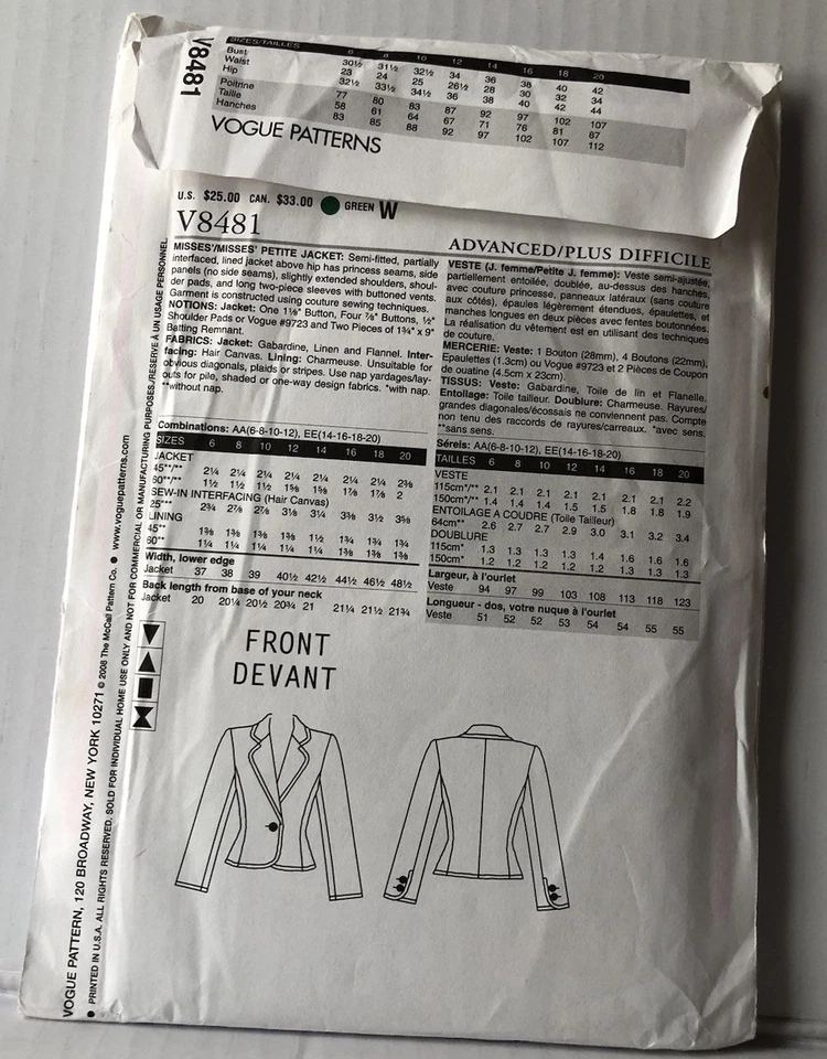 Vogue V8481 Claire Shaeffer Custom Couture Misses Petite Jacket Uncut Sizes 6-12 - Image 3 of 4