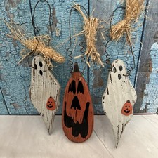 Lot Of 3 Wooden Halloween Ghost And Pumpkin Decoration Primitive Farm Decor