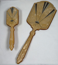 Vintage Art Deco Brush Mirror Vanity Set Gold Yellow