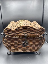 Vintage Brown Woven Wicker Hinged Basket with wrought iron handles 9.5 x11.5