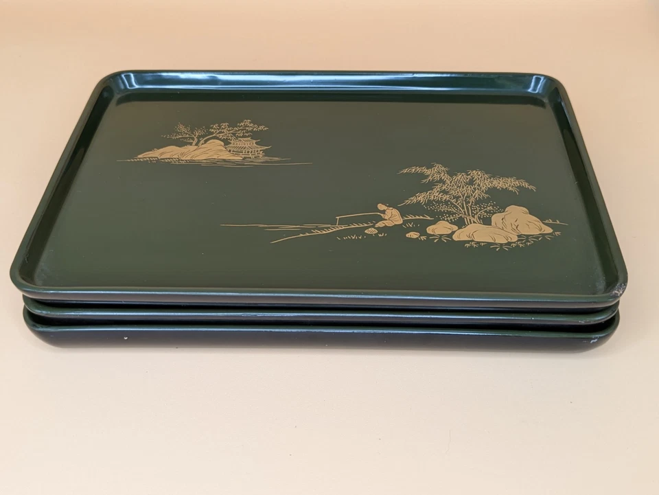 Vintage Japanese Lacquerware Tray Sets RED - GREEN - BLACK - Image 3 of 4