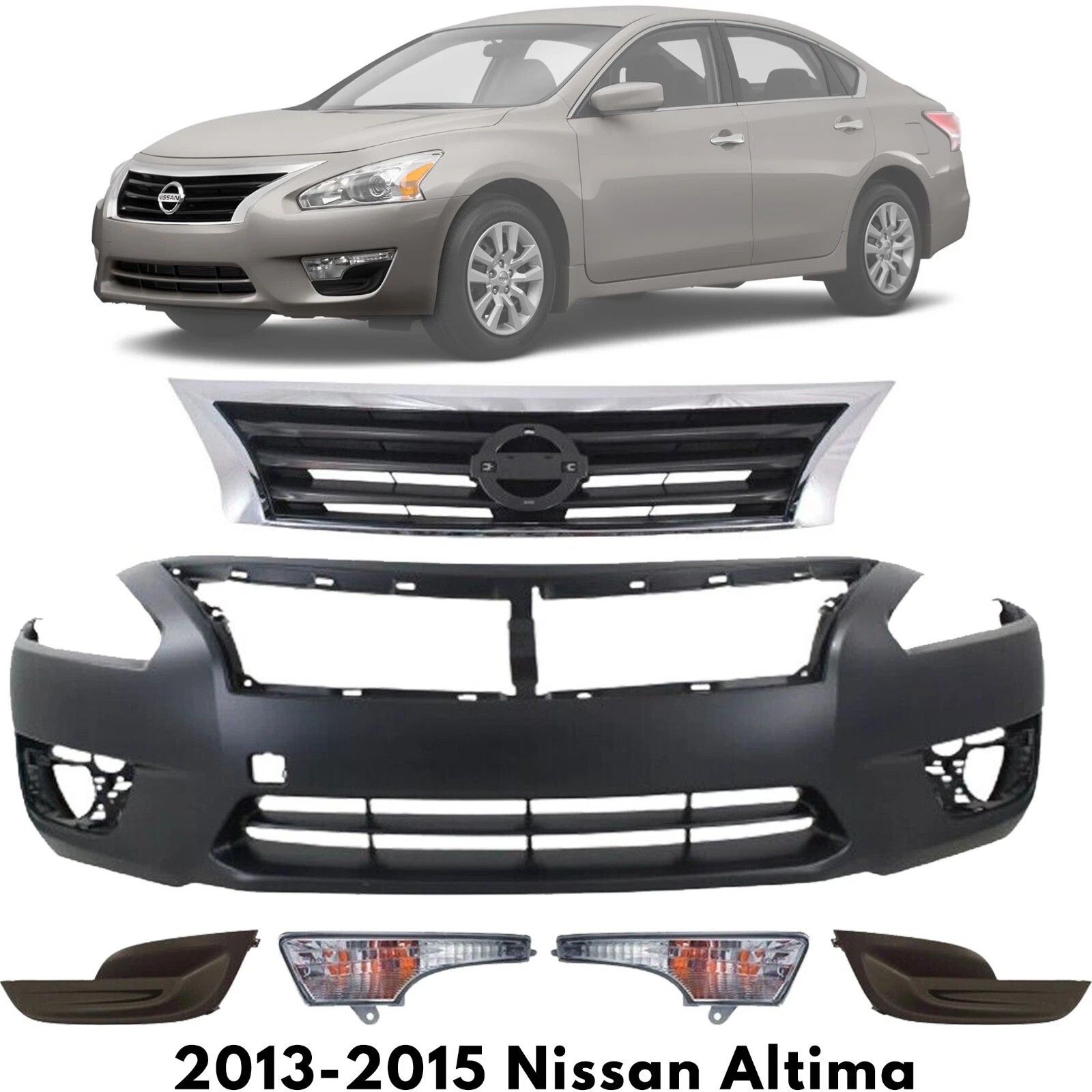 Front Bumper Cover Fascia & Grille Assembly Kit For 2013-2015 Nissan Altima