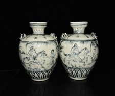 12.2" Old Antique Song Dynasty Porcelain Blue White Character Story A Pair Vases