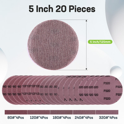WORKPRO 20PC Sanding Discs 80/120/180/240/320Grits 5'' Hook and Loop Sanding Disc