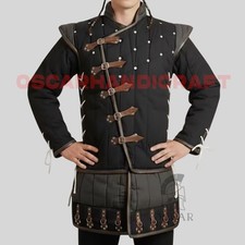 Medieval Gambeson With Brown Leather Trim Quilted Padded Jacket for LARP Easter
