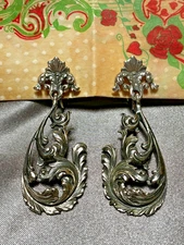 Elegant Vintage Art Nouveau Ornate Feather Scroll Sterling Clip On Earrings