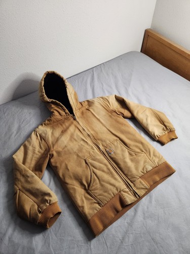 Vintage Carhartt Canvas Jacket Youth Size XL Brown Quilted Lined Hooded Full Zip - Picture 2 of 10