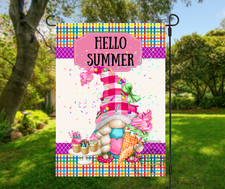 Hello Summer Gnome Garden Flag Polyester Double-sided Handmade 12x18