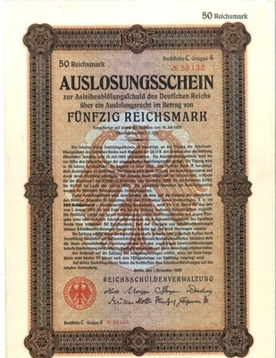 1925 CE Germany 50 Reichsmark Bond Authentic Vintage Document Uncirculated